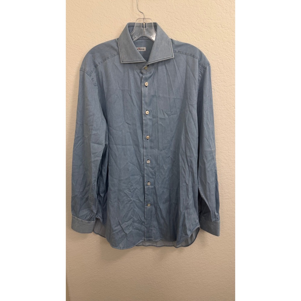 Kiton Mens Light Blue Cotton Stretch Button Down Shirt Made in Italy 16 41
